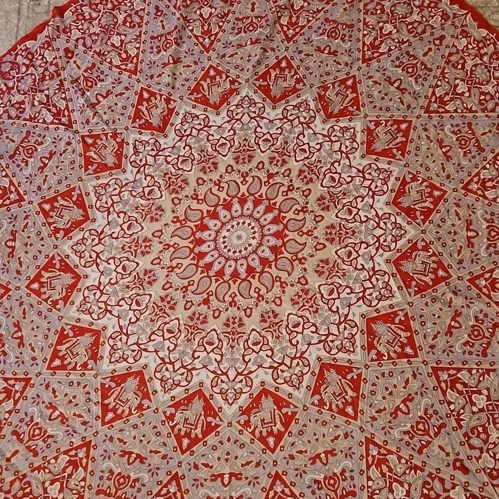Mandala Elephant Round Oversized Scarf Wrap Red Gray White Boho Tapestry 60